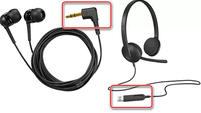 ตัวเชื่อมต่อที่แตกต่างกันสำหรับการเชื่อมต่อหูฟังในคอมพิวเตอร์