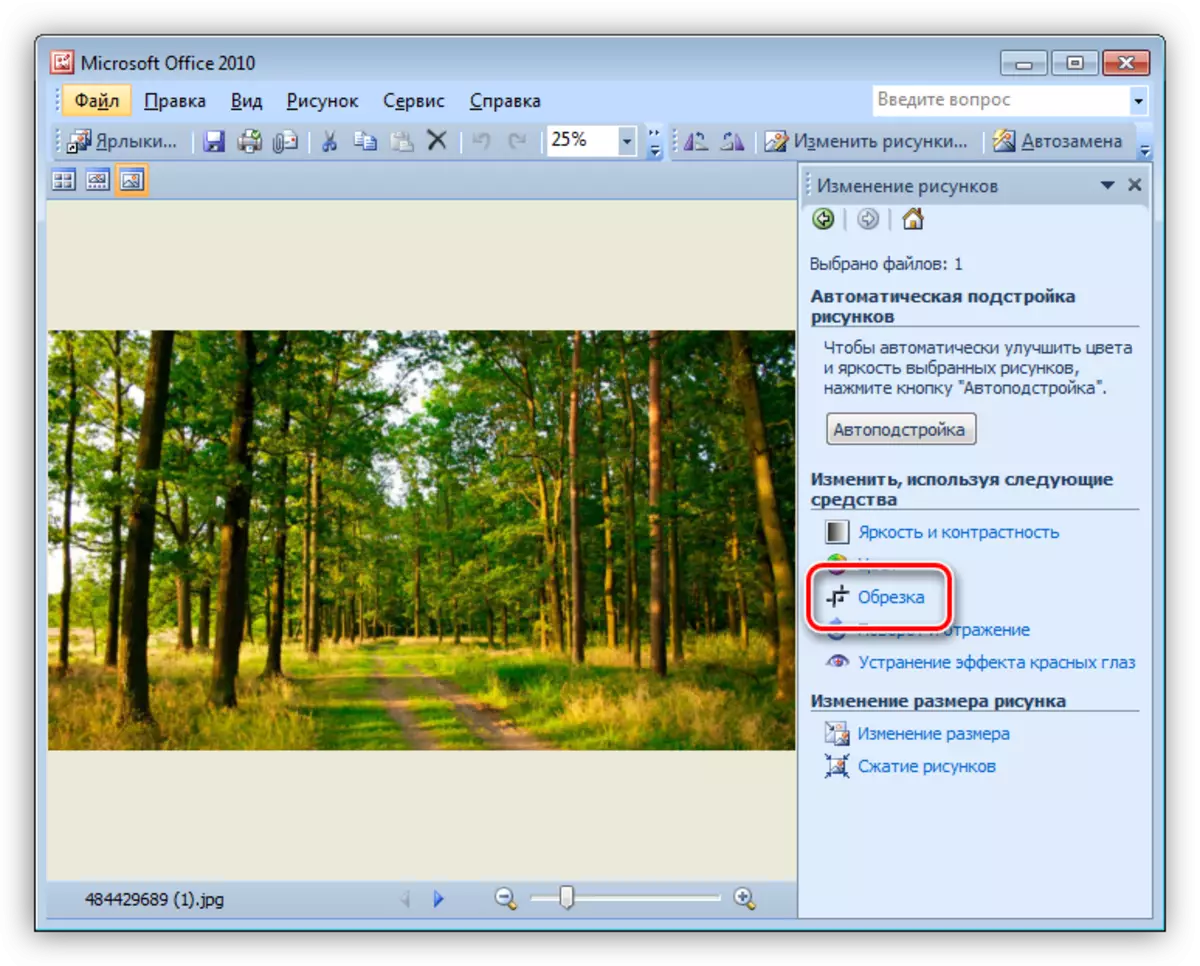 Paggamit ng isang trimming tool para sa pag-edit ng larawan sa MS Office Pictures Manager