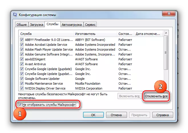 Deshabilite todos los servicios que no de Microsoft en la pestaña Servicio en la configuración del sistema de la interfaz en Windows 7
