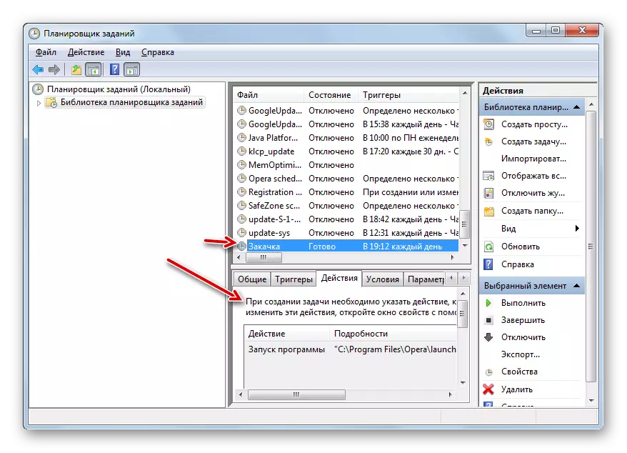 Gwybodaeth am y dasg a ddewiswyd yn y Llyfrgell Tasg Scheduler yn y Ffenestr Scheduler Tasg yn Windows 7