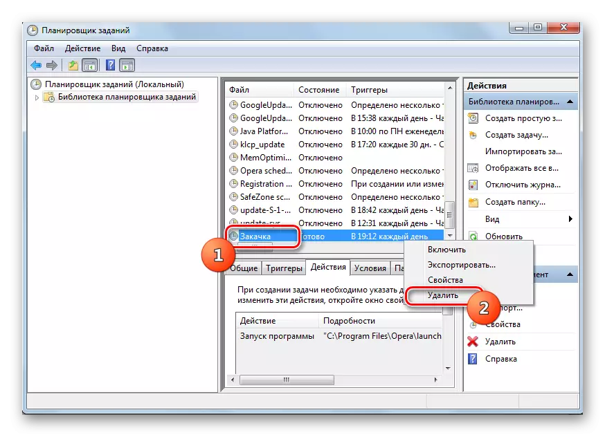 A kiválasztott feladat eltávolítása a TASK SCHEDULER könyvtárban a Windows 7 munkamüdési ablakban található helyi menüvel