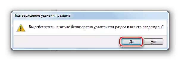 Potwierdzenie usunięcia podejrzanej partycji rejestru w interfejsie Edytora rejestru systemu w systemie Windows 7