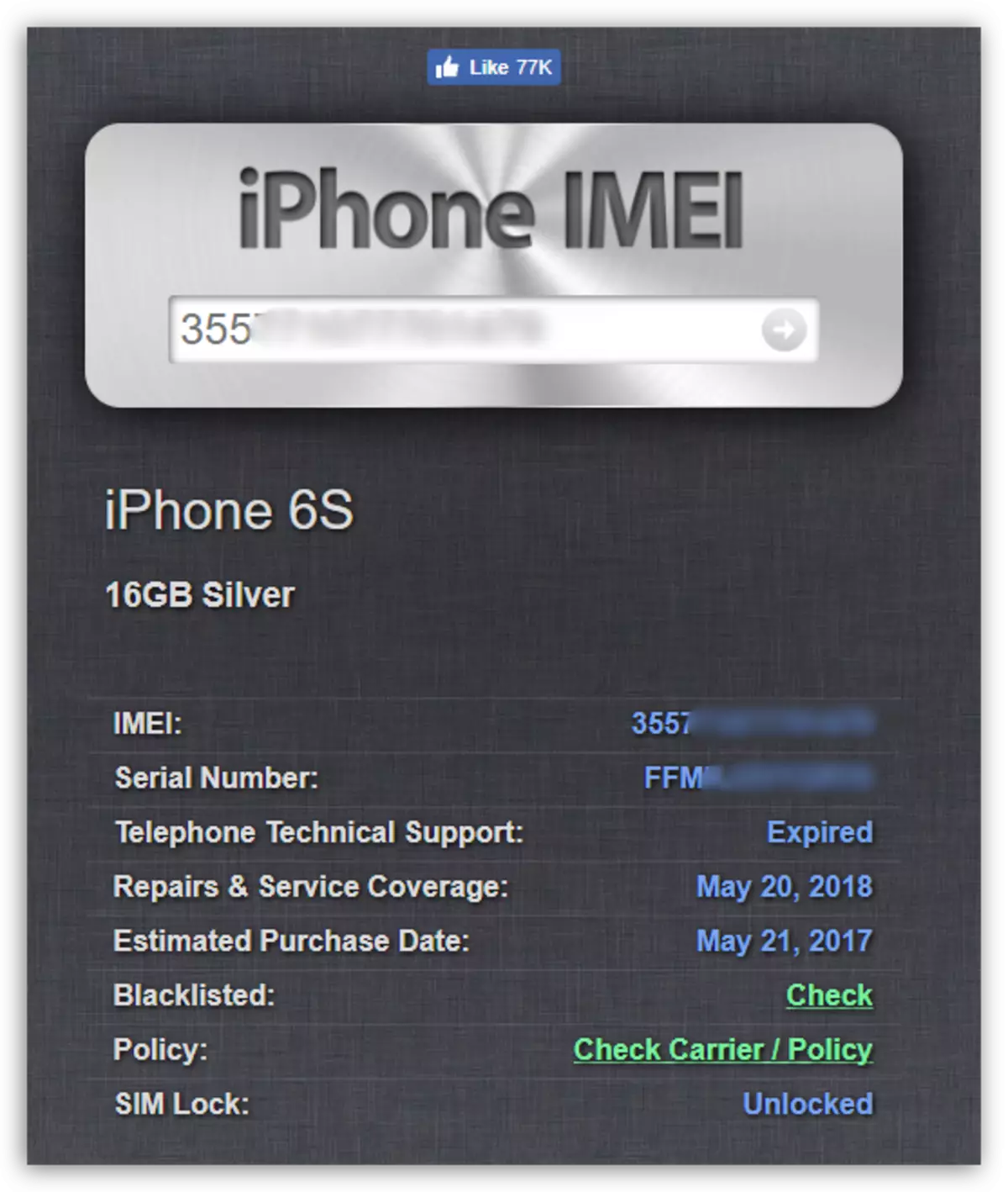 Deleng informasi IMEI ing iPhoneimei.info