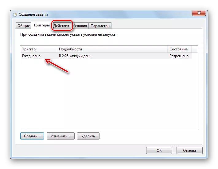 Buka tab Tindakan dari bagian pemicu di jendela pembuatan tugas di antarmuka penjadwal tugas di Windows 7