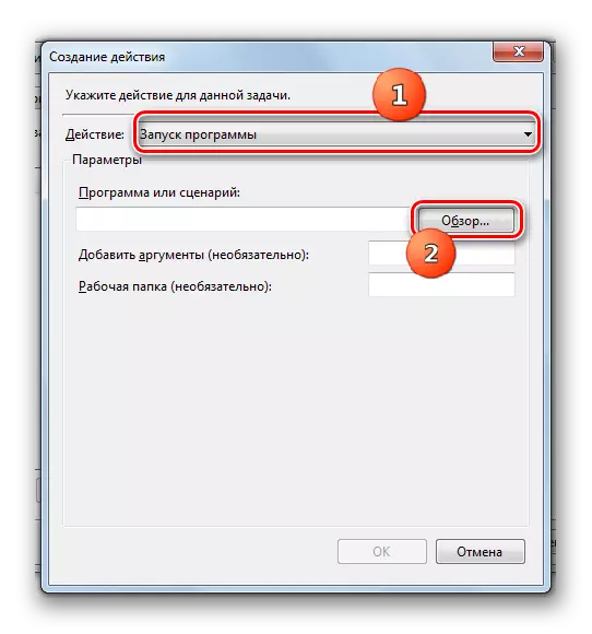 Siirry suoritettavan tiedoston valintaan Create Action -ikkunassa tehtävän aikataulun käyttöliittymässä Windows 7: ssa