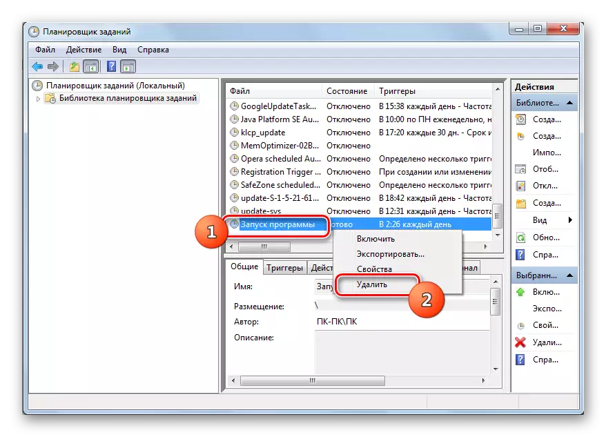 Chuyển đến xóa một tác vụ thông qua menu ngữ cảnh trong thư viện Trình lập lịch tác vụ trong giao diện Lập lịch tác vụ trong Windows 7