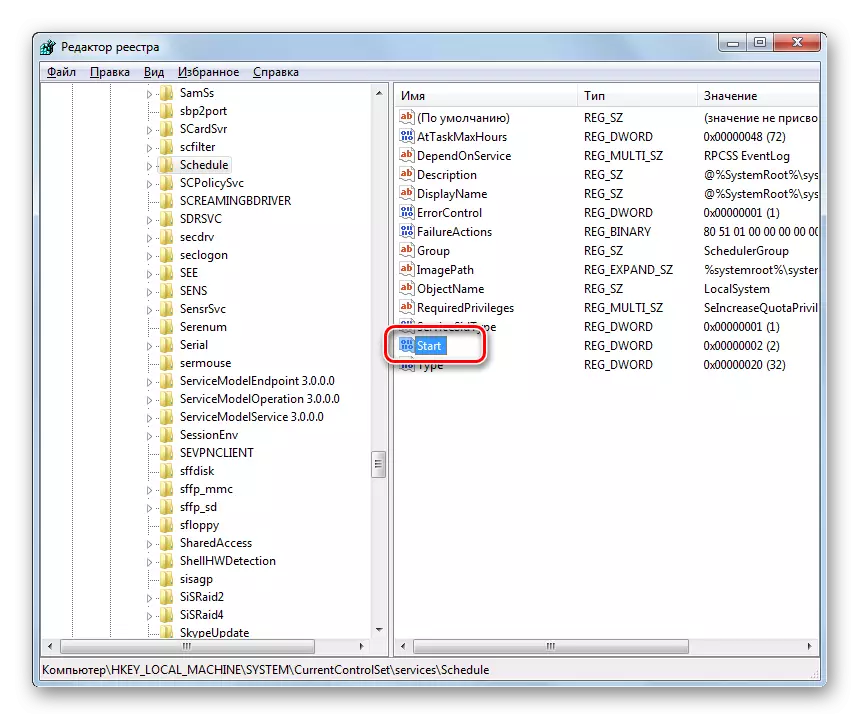 Gitt op d'Start Parameter Properties Fenster am Zäitplang Dossier an der Fënstere Registréierungsfënster an Windows 7