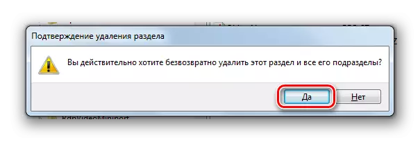 Підтвердження видалення розділу системного реєстру з директорії Services в діалоговому вікні в редакторі реєстру в Windows 7