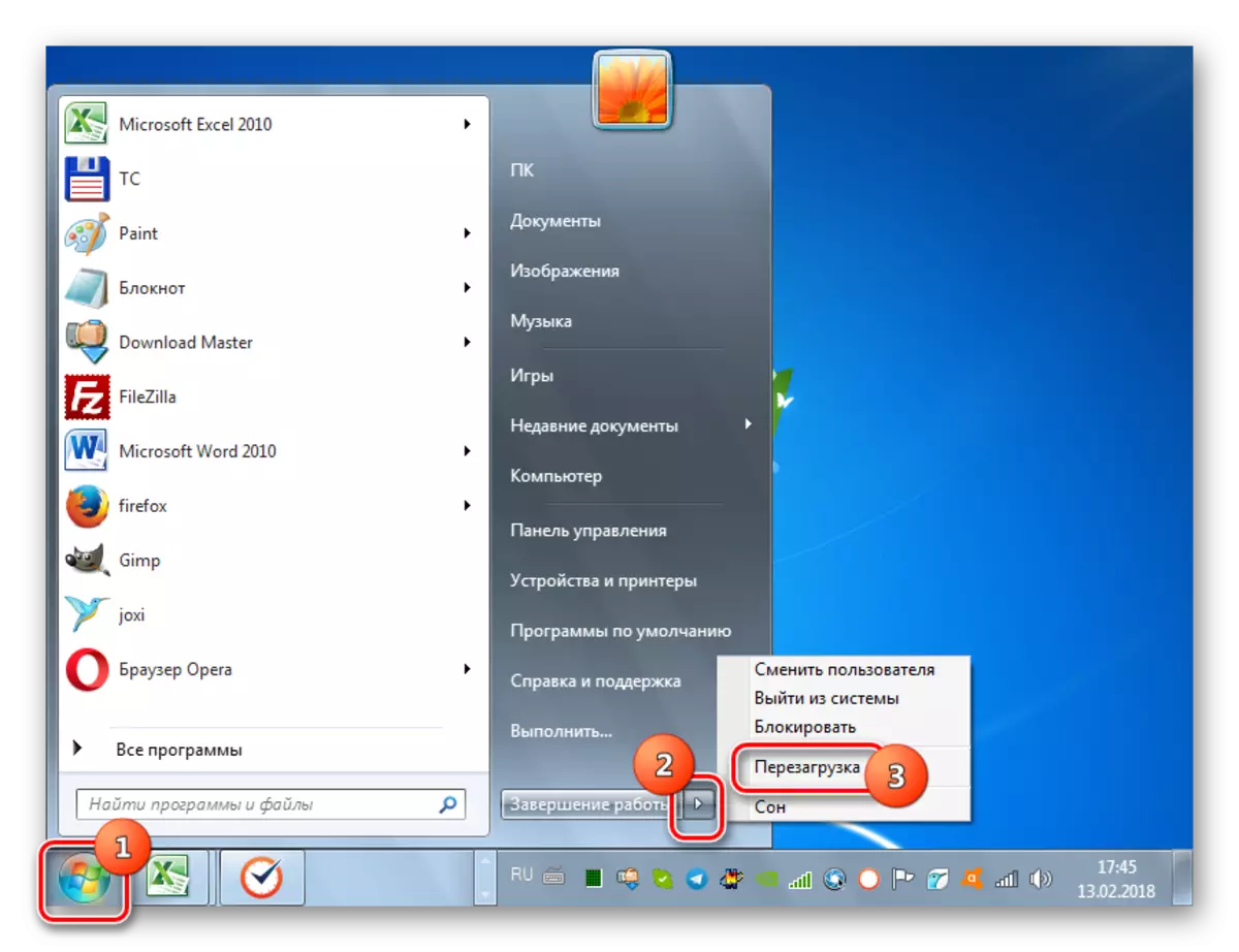 Pergi untuk memulai kembali sistem operasi melalui menu Start di Windows 7
