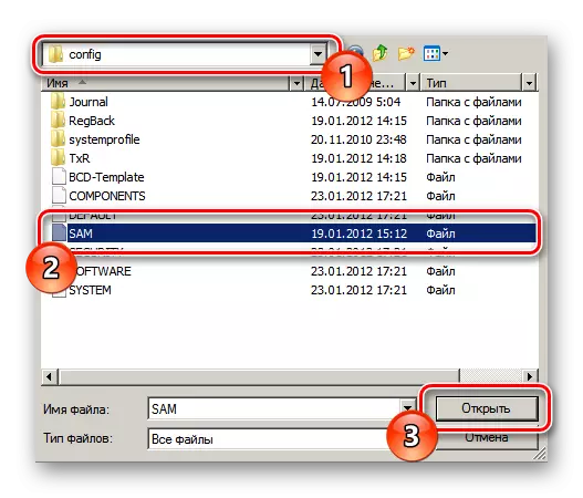 SAM lêer opening proses in die Windows Register-editor OS 7
