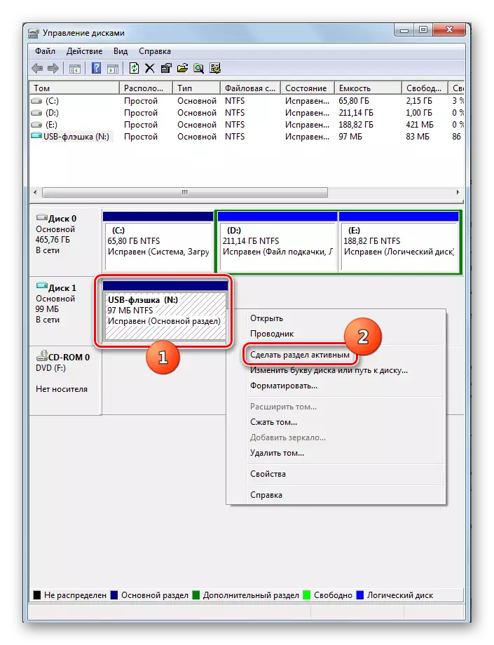 Aktivizimi i seksionit përmes menysë së kontekstit në dritaren e menaxhimit të diskut në Windows 7