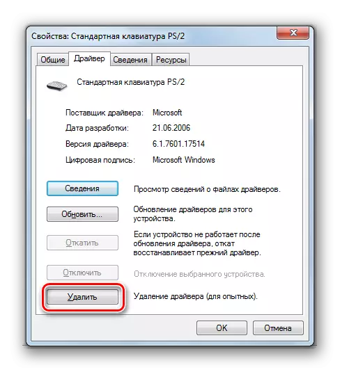 Ir a eliminar un controlador en la pestaña Driver en la ventana Propiedades del Administrador de dispositivos del dispositivo seleccionado en Windows 7