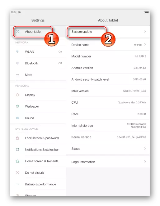 Actualización del sistema Xiaomi MIPAD 2 Ubicación en la configuración