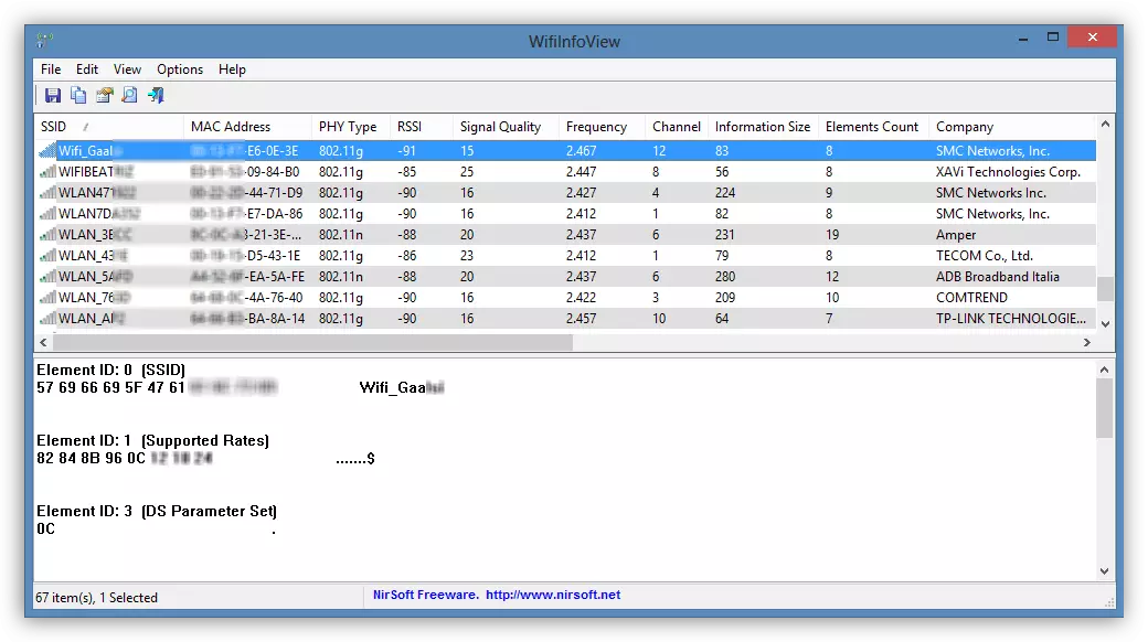 Janela do programa WifiInfoView.