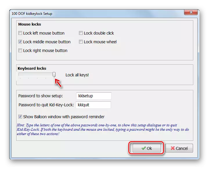Ajustes de ahorro en el programa Kid Key Lock en Windows 7