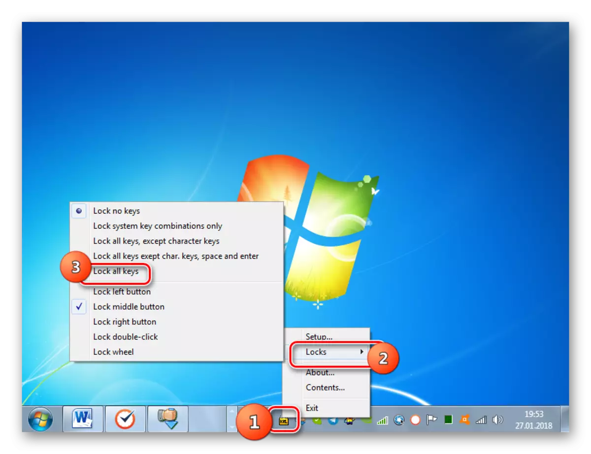 Sluk tastaturet via kontekstmenuen ved at trykke på ikonet i systembakken i Kid Key Lock-programmet i Windows 7