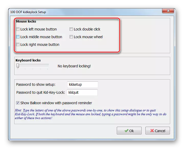Muslåsinnstillinger i Kid Key Lock-programmet i Windows 7