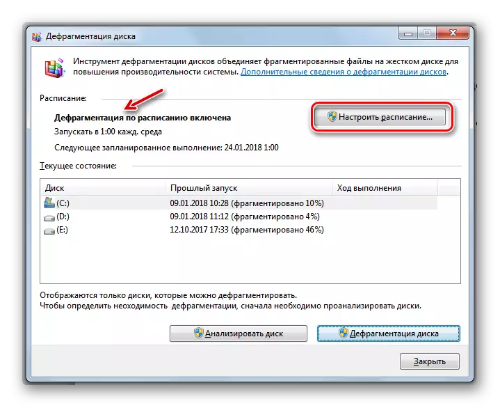 Idite na Defragmentacija Raspored postavki u prozoru defragmentacije diska u sustavu Windows 7