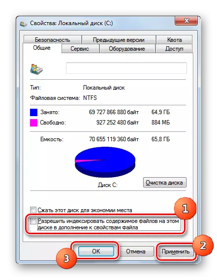 Windows 7-dagi diskdagi xususiyatlar oynasidagi Umumiy yorliqda disk tarkibini indekslashni o'chirib qo'yish