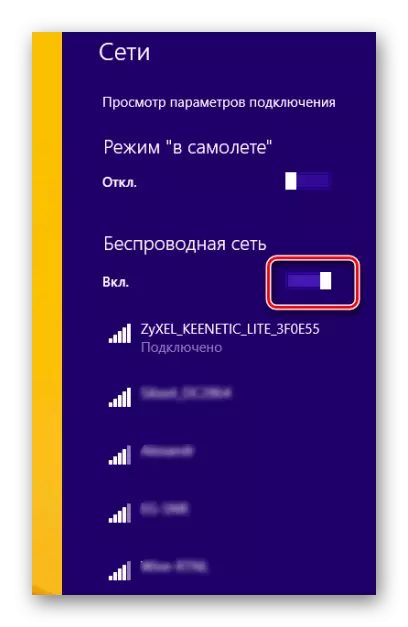 Izvēlne Bezvadu savienojumi Windows 8