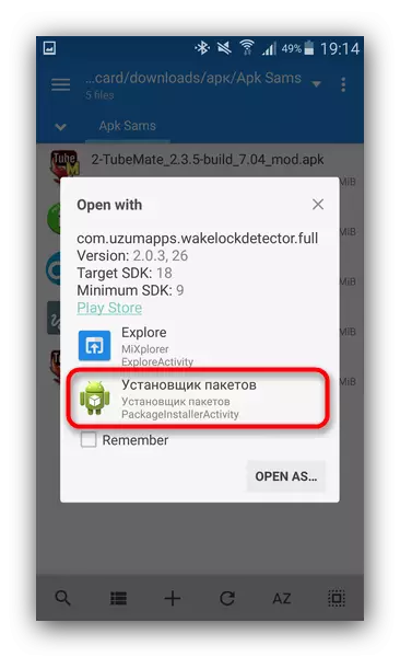 Mixplorer dirijorundakı kontekst menyusu vasitəsilə apk faylını quraşdırır