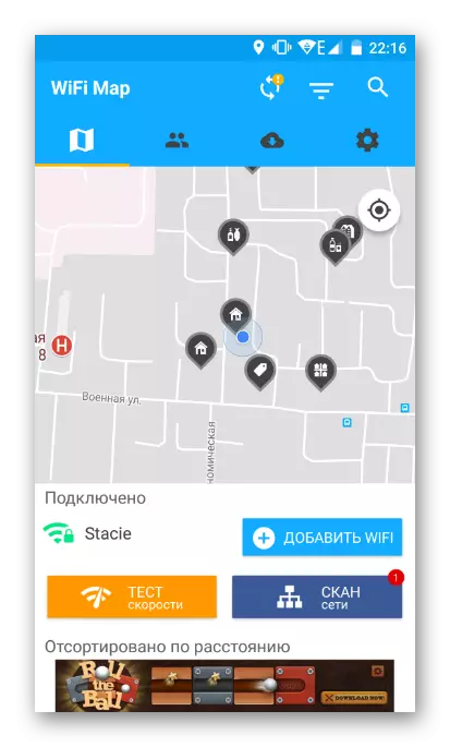 Cerdyn gyda Map WiFi Rhwydweithiau Cyhoeddus ar Android