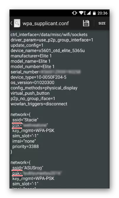 Стрит со името на мрежата и лозинката во RootBrowser на Андроид