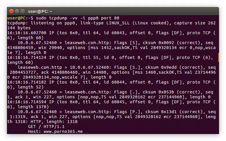 Exemple d'utilitzar el filtre i o en l'ordre tcpdump a Linux