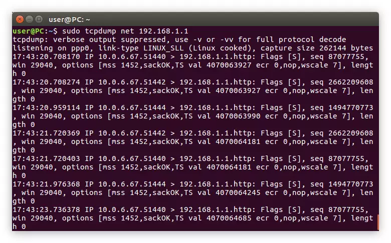 Ekzemplo de uzado de la portugala filtrilo en TCPDUMP-komando-sintakso en Linukso
