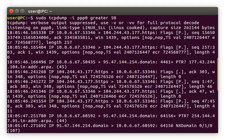Ekzemplo de filtrado TCPDUMP-komando al nomado en Linukso