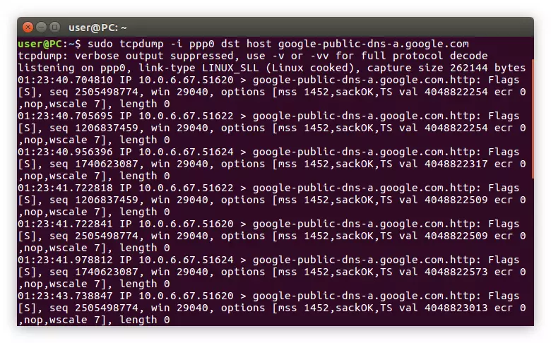 Ekzemplo de uzado de la DST kaj IP-filtrilo al la TCPDUMP-komando en Linukso