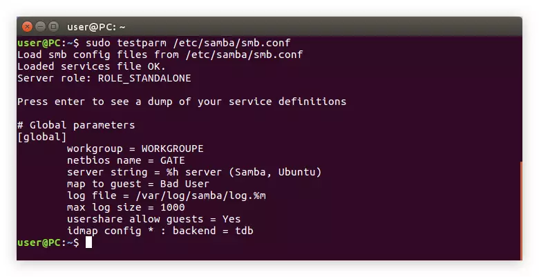 СМБба туклануындагы Ubuntu'та SMB конфигурация файлын тикшерү