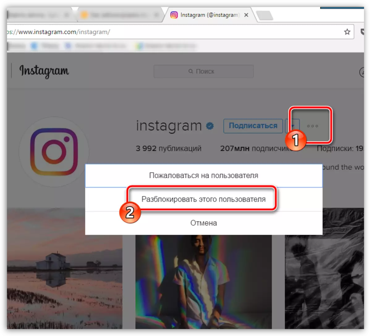 Desbloqueando um usuário do Instagram em um computador