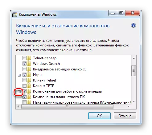 Windows_7'deki bileşen penceresinde multimedya ile çalışmak için bölümleme bileşenlerinin öğelerinin listesini açmak