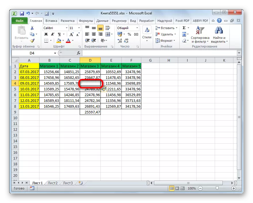 A na-etinye sel ahụ site na bọtịnụ na rịbọn na Microsoft Excel