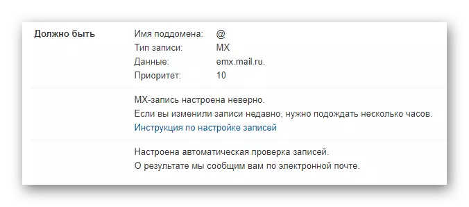 Le processus de visualisation de l'enregistrement MX correct sur le site web du service Mail.ru