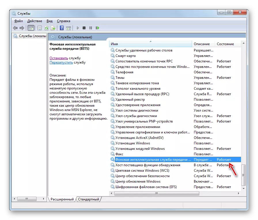 Service Bakgrund Intelligent Transmissionstjänst fungerar i fönstret Service Manager i Windows 7