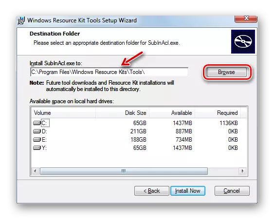 Gå till fönstret Installation Directory Specifications i fönstret Subincl Utility Setup i Windows 7
