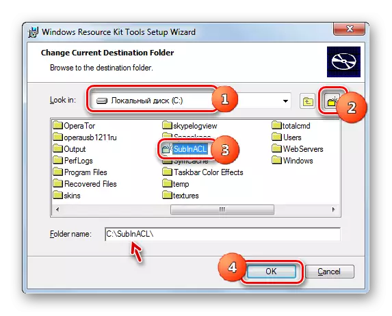 Tạo một thư mục mới trong cửa sổ Thông số kỹ thuật của thư mục cài đặt trong cửa sổ Cài đặt tiện ích Subinacl trong Windows 7