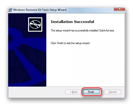 Windows 7'deki Subinacl Utility Setup penceresindeki yardımcı programın kurulumunu başarıyla onaylamak için mesaj