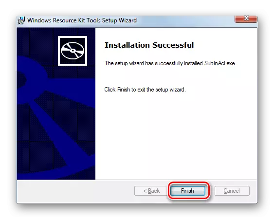 Mensahe upang matagumpay na patunayan ang pag-install ng utility sa Subinacl Utility Setup window sa Windows 7