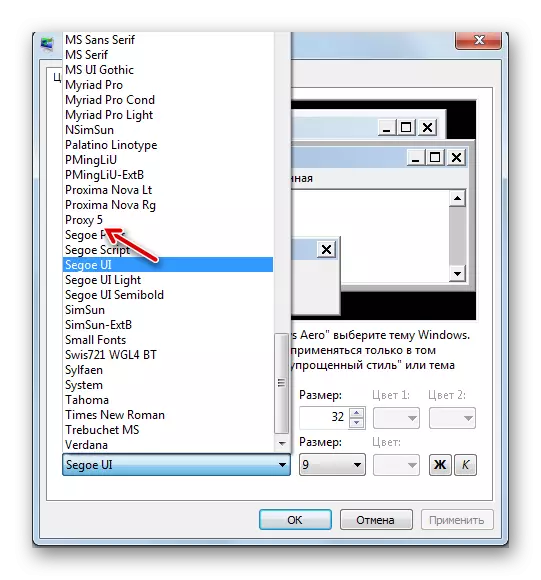Diunduh dari font Internet dalam daftar pemilihan elemen untuk mengubah tampilan font di opsi desain jendela canggih di Windows 7