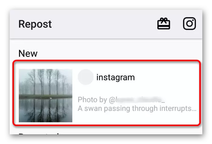 Android இல் Instagram இல் repost பயன்பாட்டில் குமிழ் ஒரு பதிவு தேர்வு
