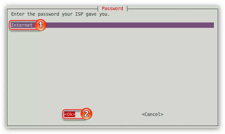 Indtastning af en brugeradgangskode, når du konfigurerer en opkaldsforbindelse i PPPConfig-værktøjet i Debian