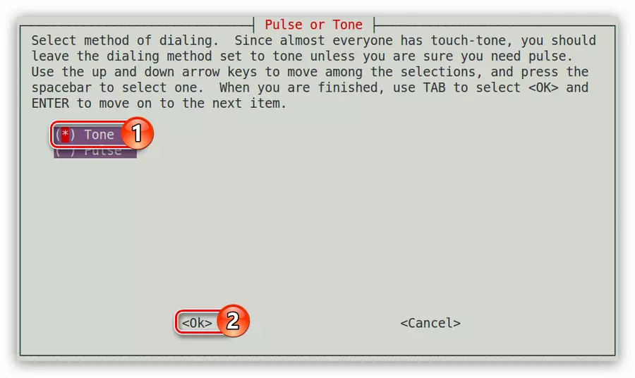 Ventá de pulso ou ton en utilidade PPPCONFIG ao configurar unha conexión de acceso telefónico en Debian