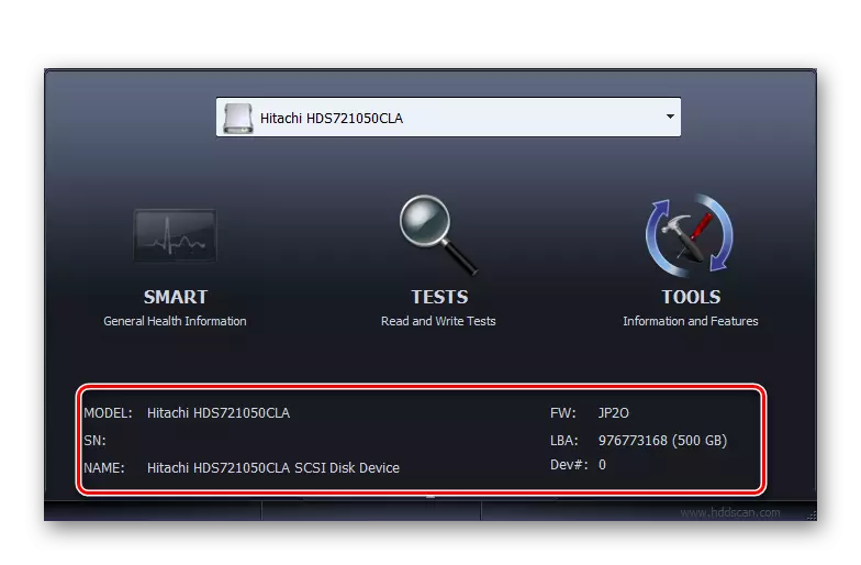 Informações básicas sobre o disco rígido conectado ao computador na janela do programa HDD Scan