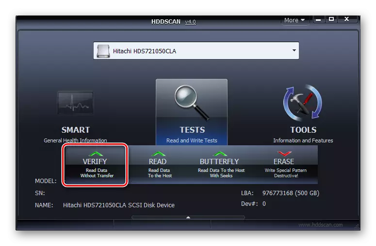 Запуск тестування жорсткого диска Verify у вікні програми HDD Scan