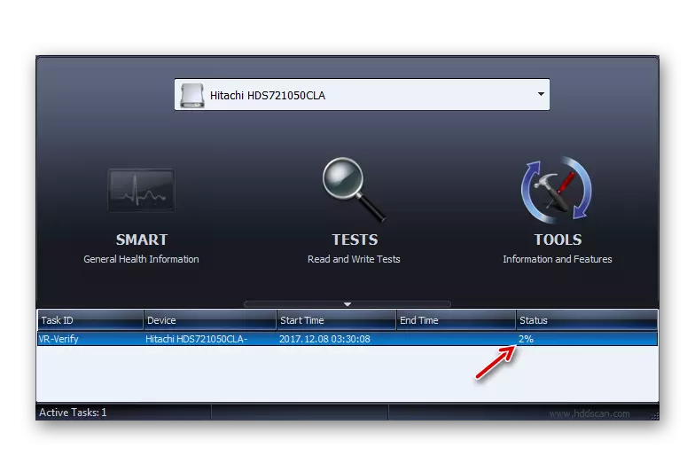 Vizualizați Verificați progresul testului hard disk în fereastra programului de scanare HDD