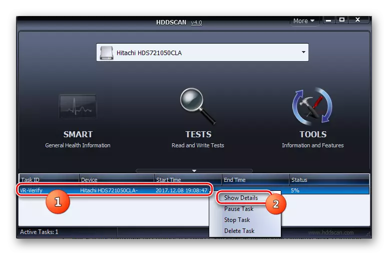 Vá para visualizar o disco rígido Verifique os itens de teste através do menu de contexto na janela do programa HDD Scan.
