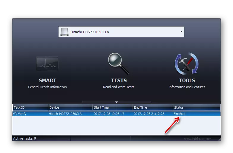 El estado de la tarea completada de la prueba Verifique el disco duro en la ventana del programa HDD Scan